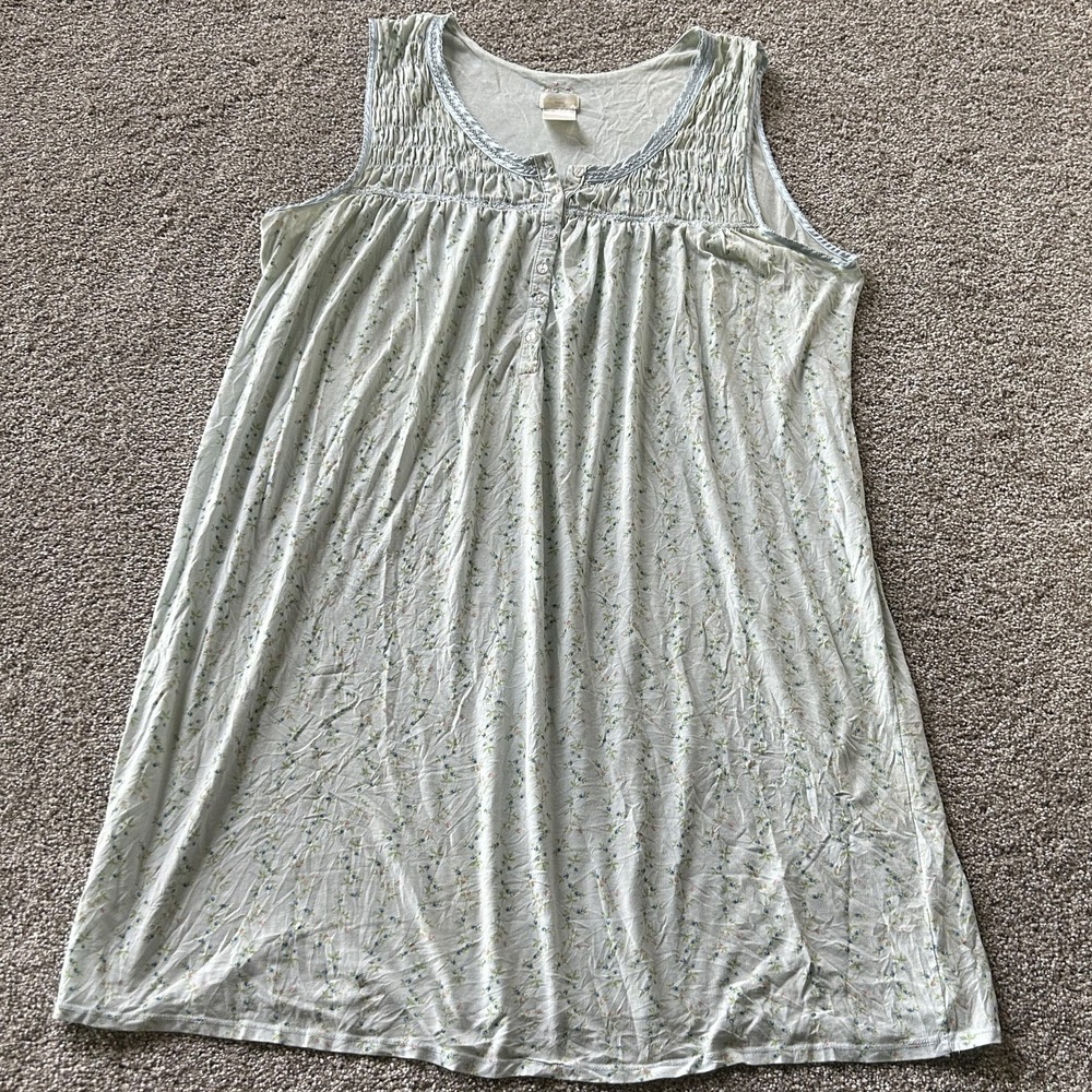 Secret Treasures Gown Womens 2X Green Floral Jersey Button Chemise Sleepwear